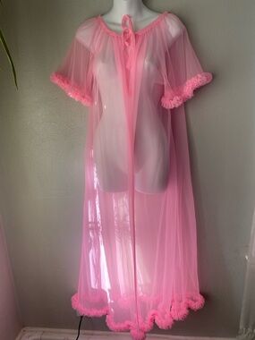 60's Sheer Pink Vintage Peignoir Robe with Ruffled Trim